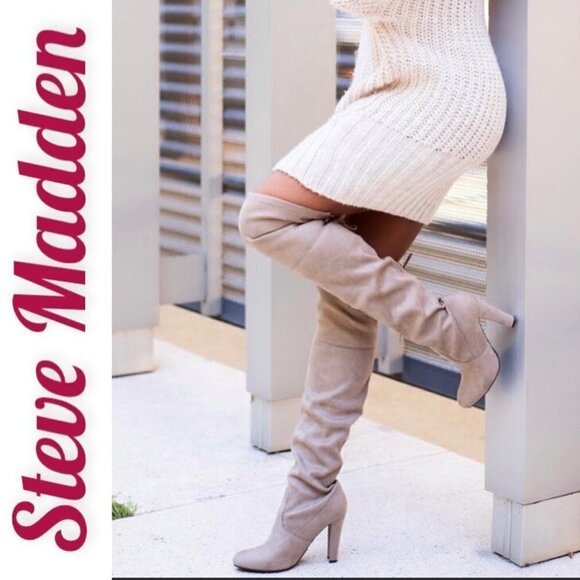 STEVE MADDEN “Gorgeous” Taupe Gray Over-The-Knee Faux Vegan Suede Boots, Sz 8.5 - Picture 1 of 12